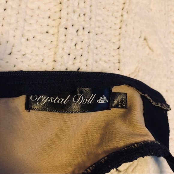 Crystal Doll 5 navy lace over nude halter mini dress - Picture 5 of 9